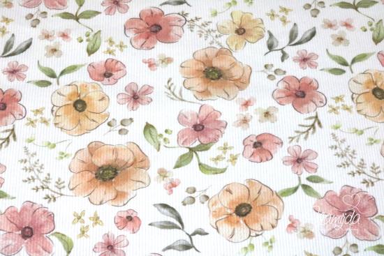 0,5 MTR. ♥ RIPPSTRICK JERSEY SPRINGFLOWERS - BREITE 100 CM  ♥