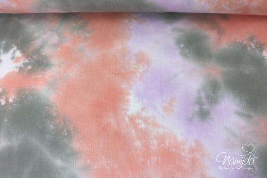 0,5 MTR. ♥ TIE DYE BATIK DouBLE GAUZE Baumwollstoff - FLIEDER/ORANGE/GRAU ♥