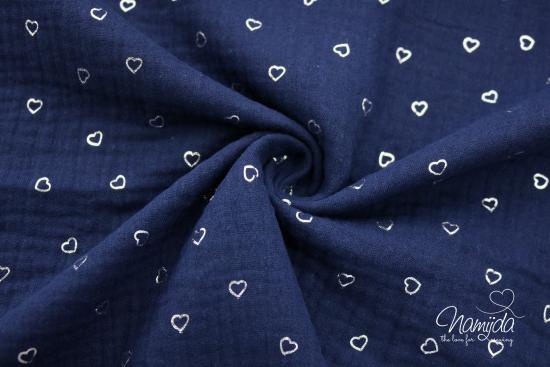 0,5 MTR. ♥ MUSSELIN DouBLE GAUZE - FOIL HEARTS SILBER - NAVY ♥