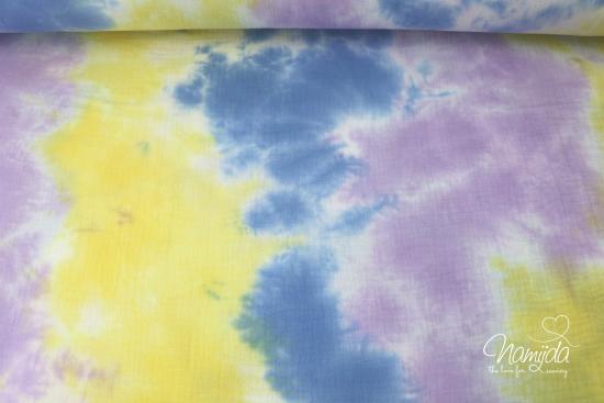 0,5 MTR. ♥ TIE DYE BATIK DouBLE GAUZE Baumwollstoff - GELB/Blau/FLIEDER ♥