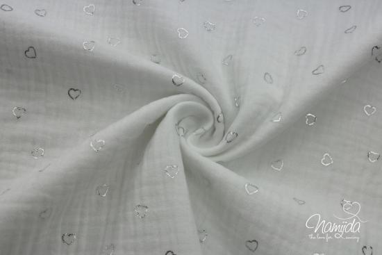 0,5 MTR. ♥ MUSSELIN DouBLE GAUZE - FOIL HEARTS SILBER - WEISS ♥