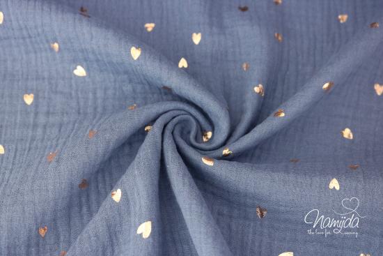 0,5 MTR. ♥ MUSSELIN DouBLE GAUZE - FOIL HEARTS - JEANS ♥