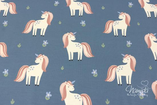 0,5 MTR. ♥ UNICORN GLITTER EINHORN JERSEY - JEANSBLAU ♥