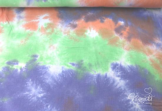 0,5 MTR. ♥ TIE DYE BATIK DouBLE GAUZE Baumwollstoff - LILA/GRÜN/ORANGE ♥