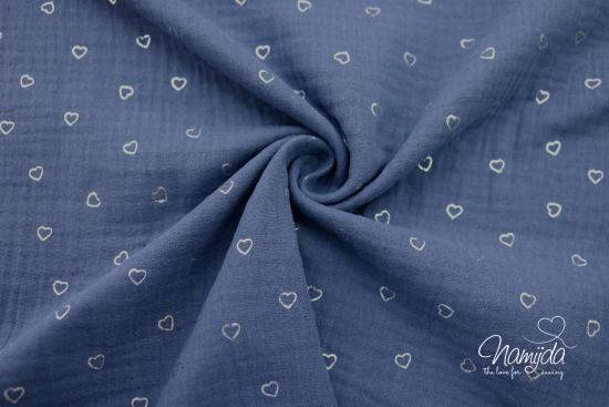 0,5 MTR. ♥ MUSSELIN DouBLE GAUZE - FOIL HEARTS SILBER - JEANS ♥