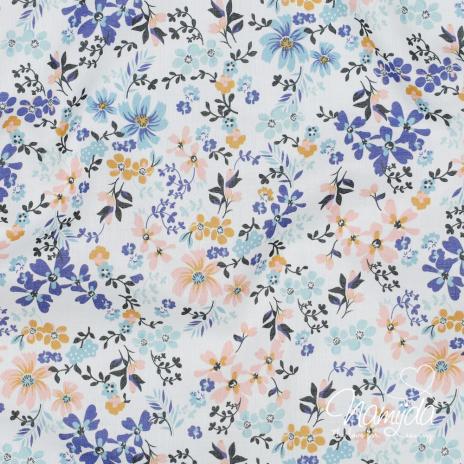 0,5 MTR. ♥ BLUSENSTOFF BAUMWOLLE  VOILE FLOWERS SENF/PEACH/BLAU ♥