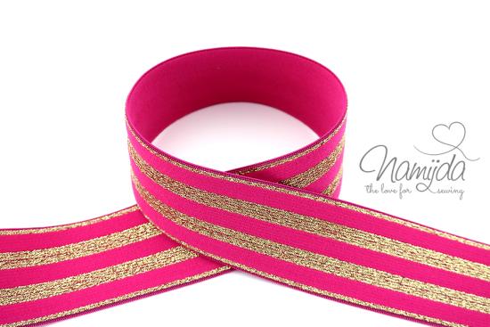 1 MTR.  GLITZER GuMMIBAND STRIPES - PiNK/GoLD - 4cm