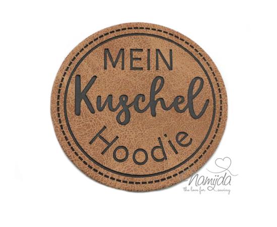 1 Stück - KuNSTLEDER LABEL - MEIN Kuschel Hoodie  - AUFNÄHER MIT VORGEDRUCKTER NÄHNAHT - 45mm