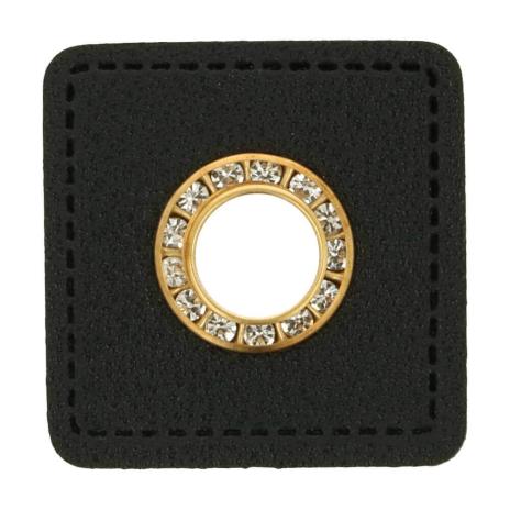 1 STÜCK STRASS KuNSTLEDER ÖSEN Patch SCHWARZ - GOLD - 8mm