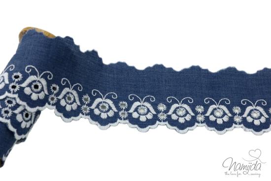 ♥1 Mtr. WäSCHESPITZE BLOOME - ZWEIFARBIG - JEANS/WEISS - 5cm ♥ -