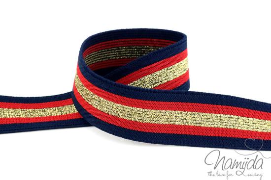 1 MTR. GLiTTER CONTRAST STRIPES - NAVY-RoT-GOLD - 3cm - elastisch