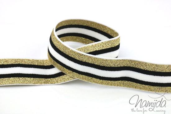 1 MTR. GLiTTER CONTRAST STRIPES - GOLD-SCHwARZ-WeiSS - 3cm - elastisch