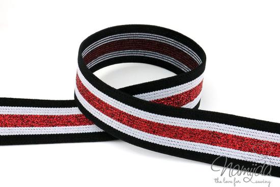 1 MTR. GLiTTER CONTRAST STRIPES - SCHwARZ-WeiSS-RoT - 3cm - elastisch