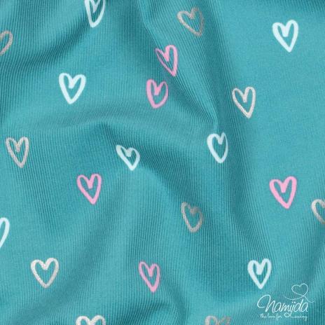 0,5 MTR. ♥ WEICHER FEINCORD GlITZER HEARTS PETROL  ♥