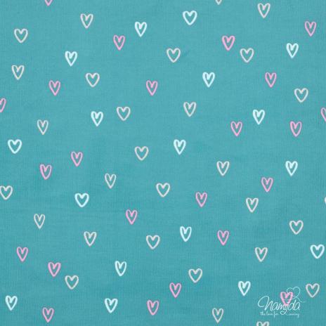 0,5 MTR. ♥ WEICHER FEINCORD GlITZER HEARTS PETROL  ♥