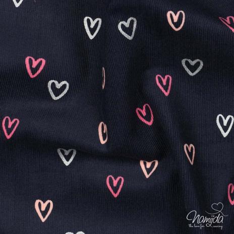 0,5 MTR. ♥ WEICHER FEINCORD GlITZER HEARTS NAVY  ♥