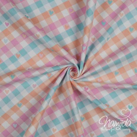 0,5 MTR. ♥  FLANELL KAROHERZEN BAUMWOLLSTOFF - MINT/ROSA/ORANGE ♥