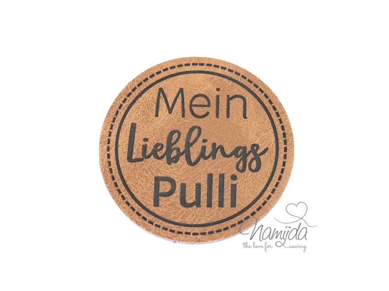 1 Stück - XL KuNSTLEDER LABEL Mein Lieblings Pulli - AUFNÄHER MIT VORGEDRUCKTER NÄHNAHT - 40mm