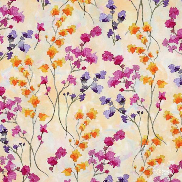 0,5 MTR. ♥ VISKOSE PASTELL LEMON FLORAL PINK/LAVENDEL ♥