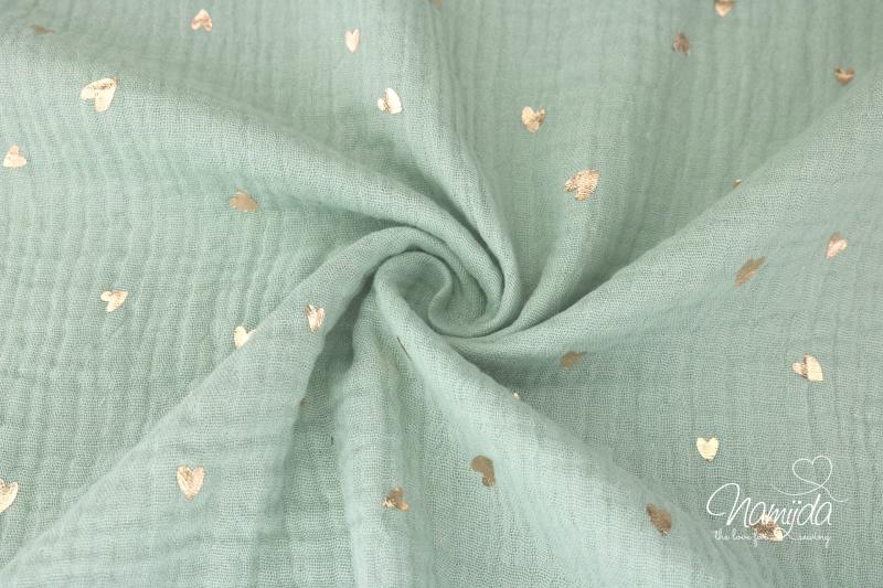 0,5 MTR. ♥ MUSSELIN DouBLE GAUZE - FOIL HEARTS - DUSTY  MINT ♥