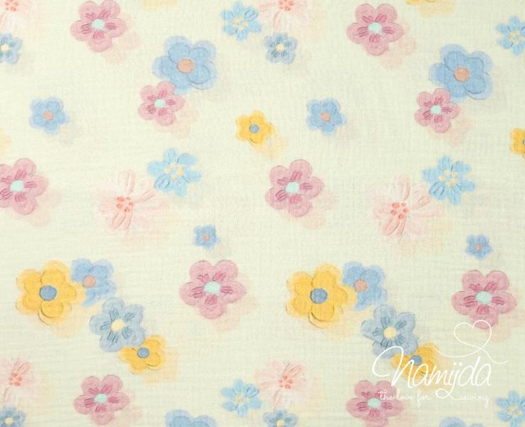 0,5 MTR. ♥ MUSSELIN DOUBLE GAUZE - FLOWERS HELLMINT ♥