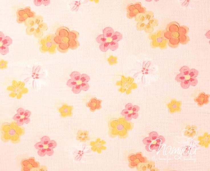 0,5 MTR. ♥ MUSSELIN DOUBLE GAUZE - FLOWERS ROSE ♥