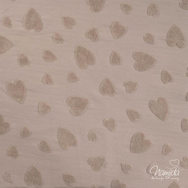 0,5 MTR. ♥ FROTTEE HEARTS JACQUARD TAUPE ♥