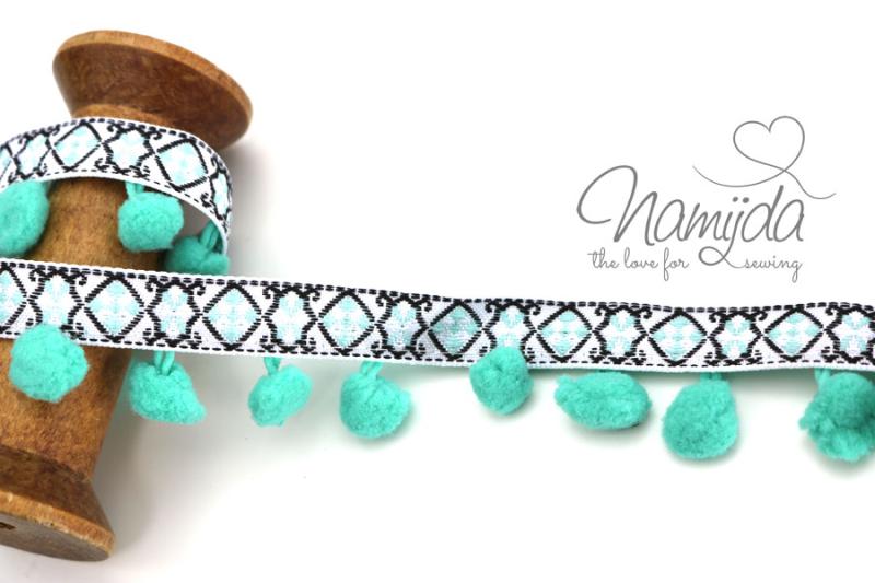 1 MTR. ♥ JACQUARD POMPOM Bommelborte - MINT - 25mm ♥