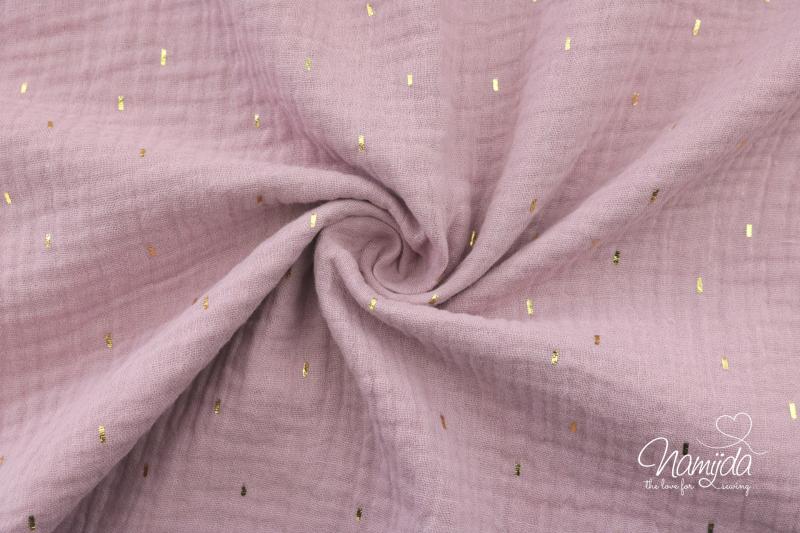 0,5 MTR. ♥ LiTTLE GOLDEN STRiPES GOLDEN  MuSSELIN - FLIEDER - DouBLE GAUZE ♥