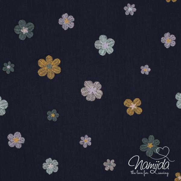 0,5 MTR. BESTICKTE DAISY BLÜMCHEN BAUMWoLLE - NAVY