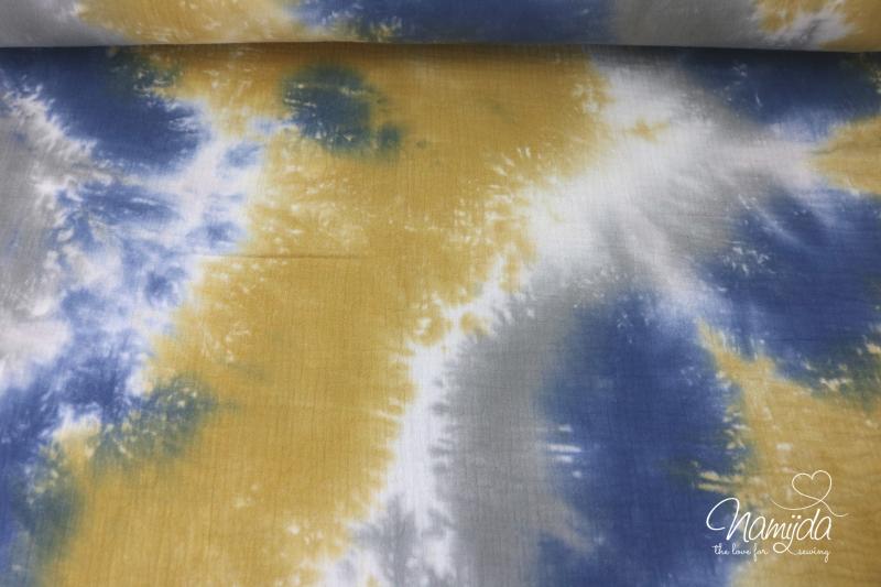 0,5 MTR. ♥ TIE DYE BATIK DouBLE GAUZE Baumwollstoff - SENF/GRAU/BLAU ♥