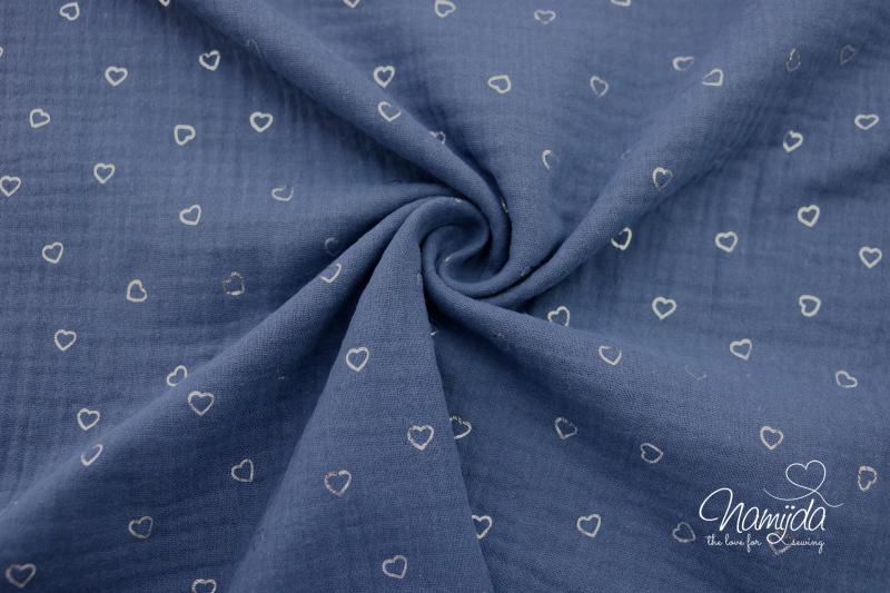 0,5 MTR. ♥ MUSSELIN DouBLE GAUZE - FOIL HEARTS SILBER - JEANS ♥