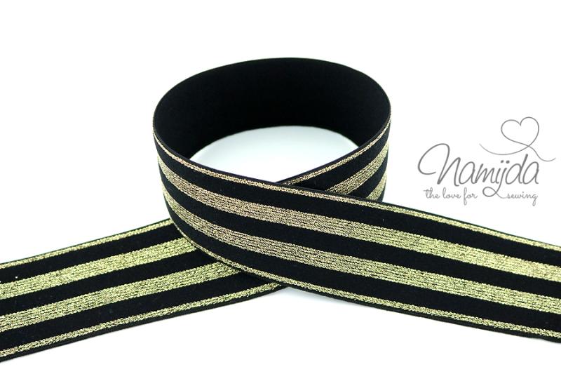 1 MTR.  GLITZER GuMMIBAND STRIPES - SCHwARZ/GoLD - 4cm