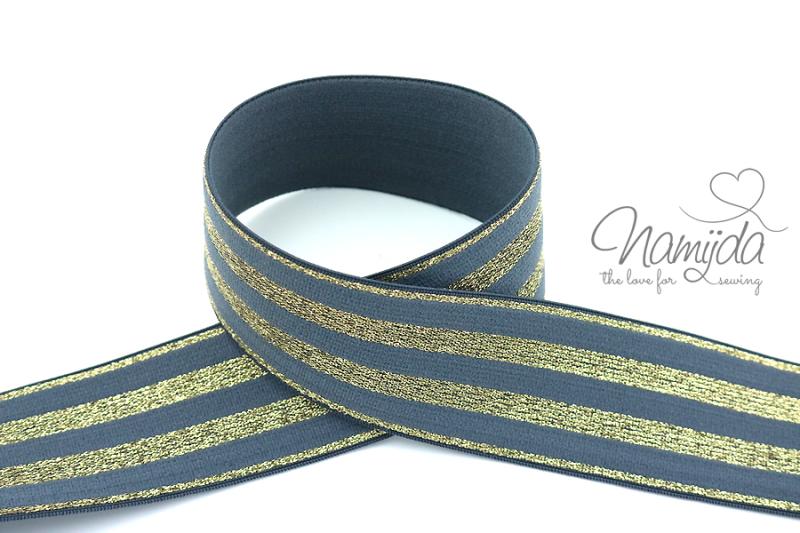 1 MTR.  GLITZER GuMMIBAND STRIPES - GRAU/GoLD - 4cm