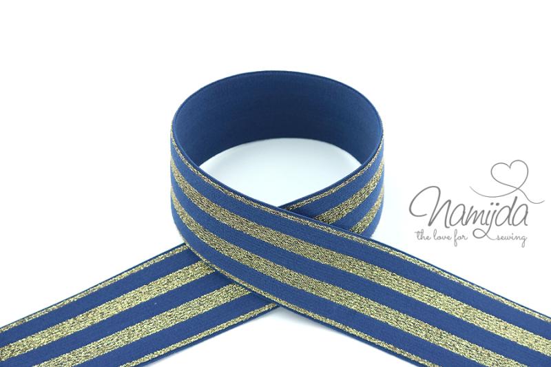 1 MTR.  GLITZER GuMMIBAND STRIPES - JEANS/GoLD - 4cm