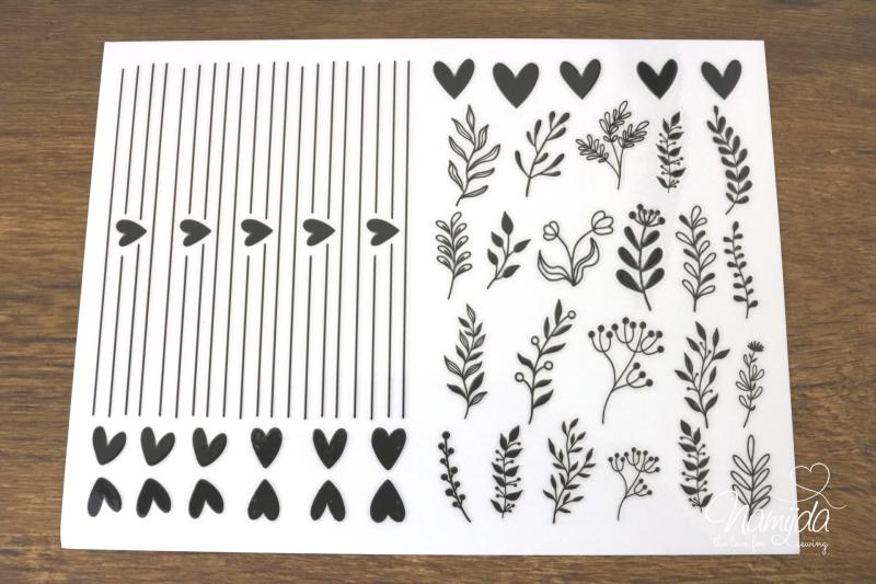 1 BOGEN - RUB-ON STICKER  ♥ HERZEN & BLUMEN - A5 ♥