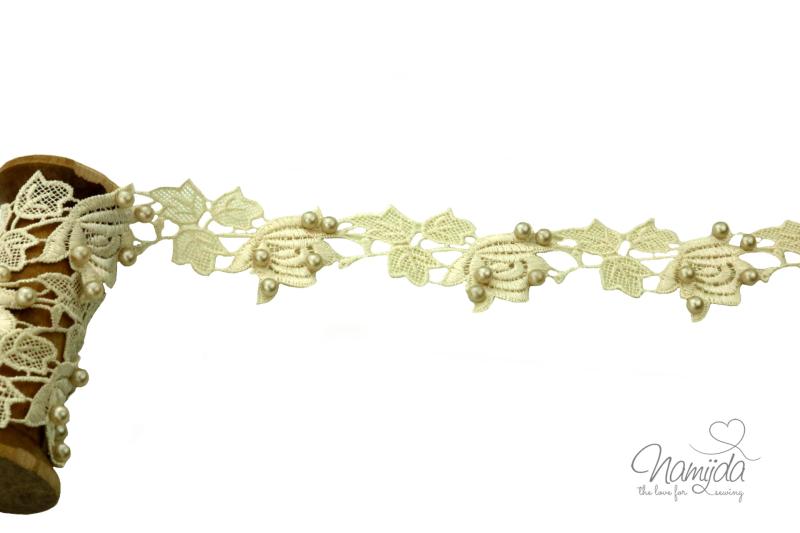 1 MTR. ♥ BLUMEN & PERLEN BORTE - CREME - 43mm ♥