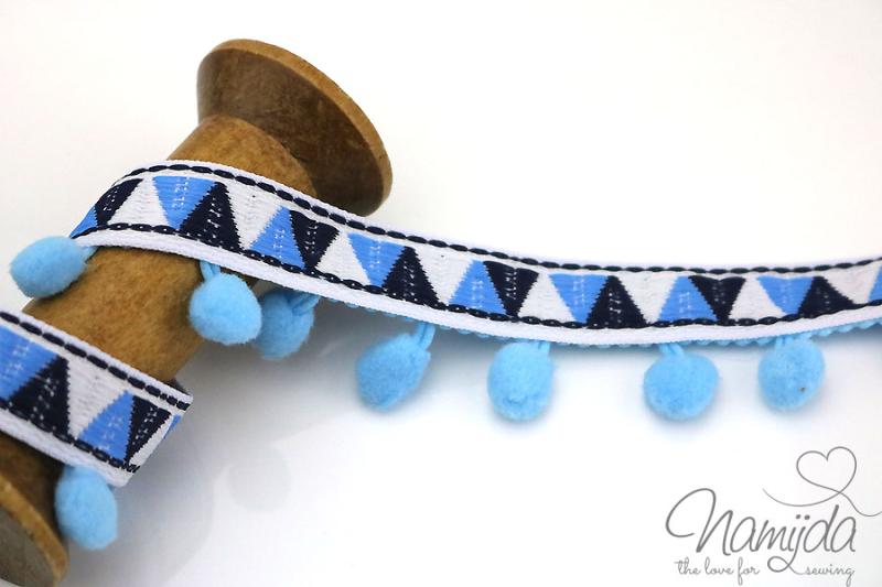 1 MTR. ♥ INCABAND POMPOM Bommelborte - HeLLBLau - 32mm ♥