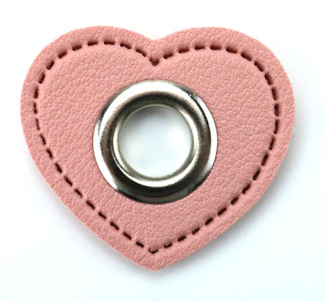 1 STÜCK HERZ KuNSTLEDER ÖSEN Patch ROSA  - 11mm - SILBER