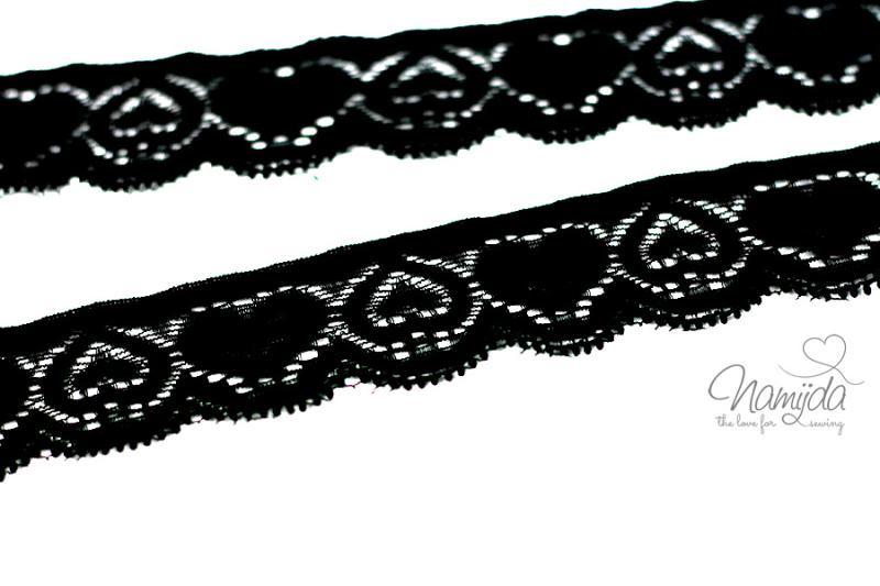 1 MTR. ♥Elastische Spitzeborte - HERZ - Schwarz - 3,5cm ♥