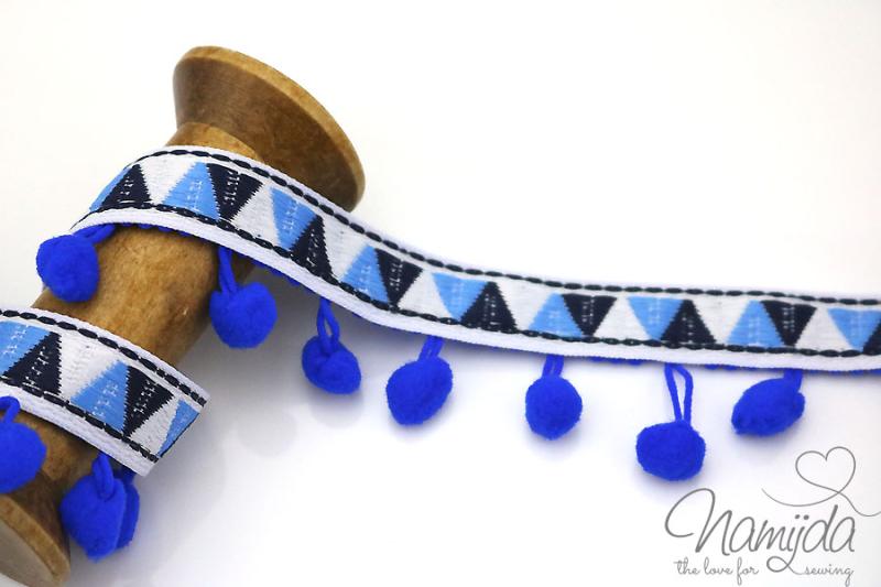 1 MTR. ♥ INCABAND POMPOM Bommelborte - ROYAL BLAU - 32mm ♥