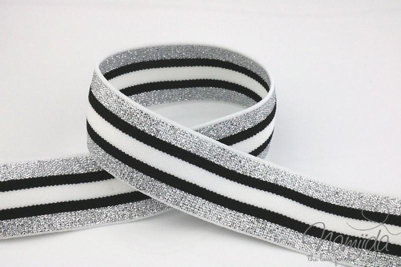 1 MTR. GLiTTER CONTRAST STRIPES - SILBER-SCHwARZ-WeiSS - 3cm - elastisch