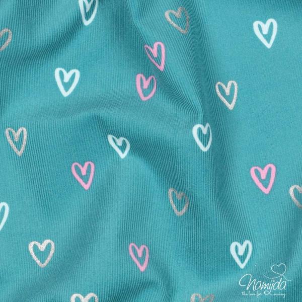 0,5 MTR. ♥ WEICHER FEINCORD GlITZER HEARTS PETROL  ♥