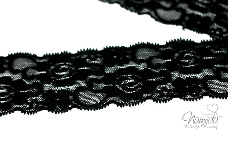 1 MTR. ♥Elastische Spitzeborte - 5cm - Blumen Schwarz ♥